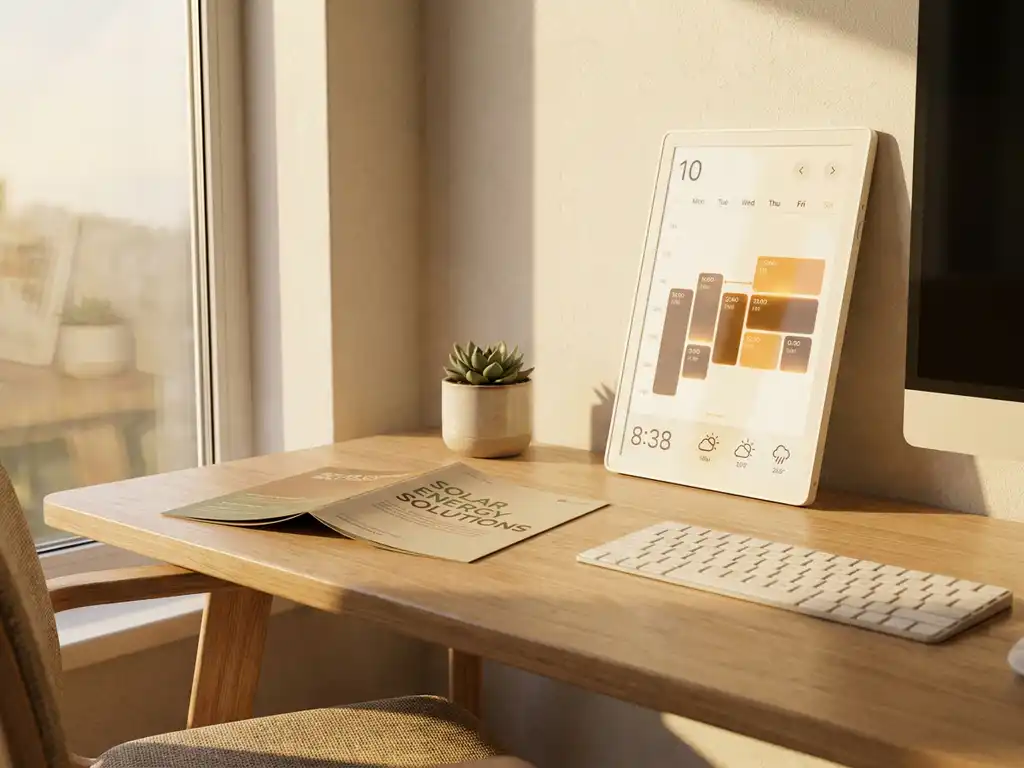 Digital wall calendar with scheduled time blocks on a sunlit office desk beside a solar panel brochure and wireless keyboard.