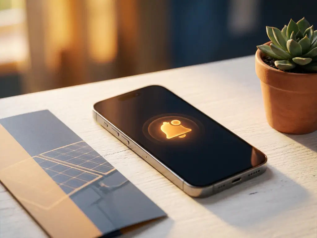 Smartphone with glowing screen beside a folded solar panel brochure on a white desk, small succulent and warm golden-hour light nearby.