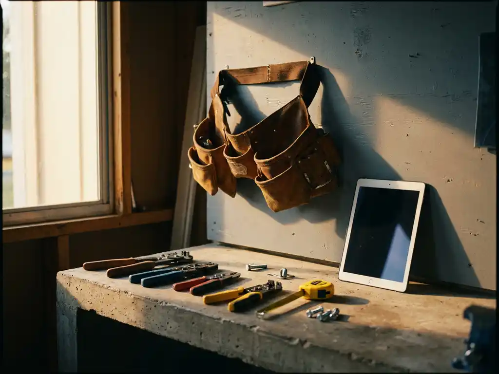Weathered leather tool belt and modern tablet on workshop wall above solar panel installation tools and measuring tape on concrete workbench.