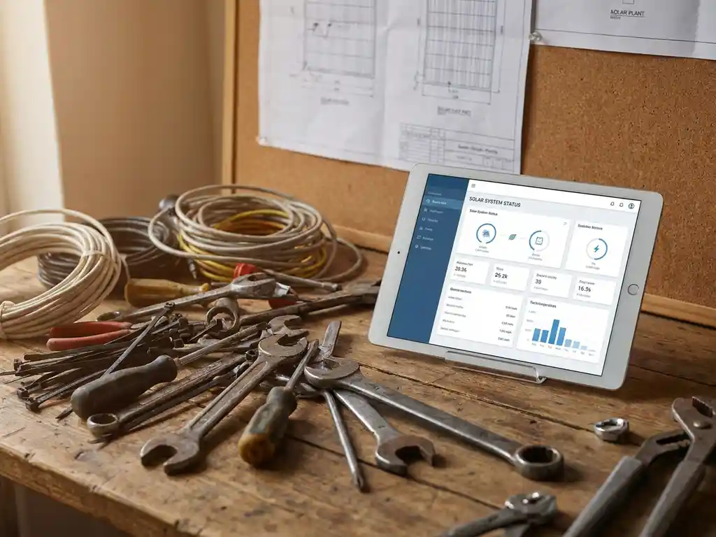 Tangled wrenches, screwdrivers, and loose wires on a worn workbench beside a tablet displaying a clean solar energy dashboard, blueprints pinned behind.