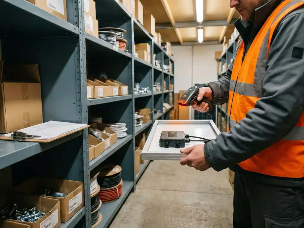 Warehouse worker scanning solar panel component with handheld barcode reader, organized shelving stocked with installation hardware in background.