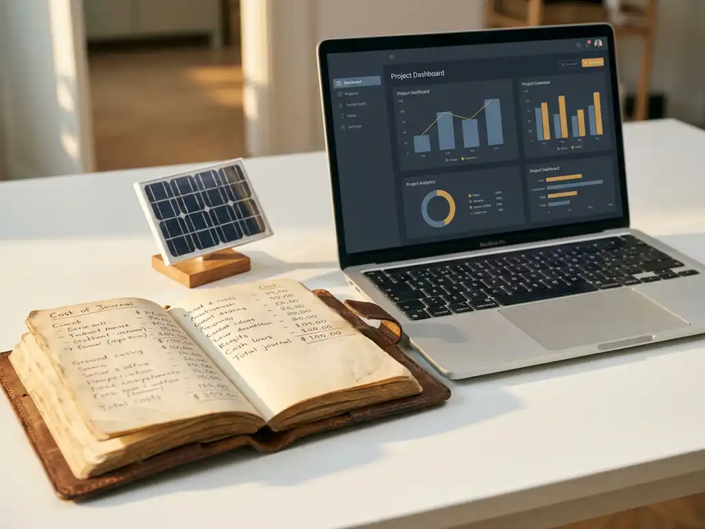 Worn leather notebook with handwritten cost figures open beside a laptop displaying a project dashboard and a small solar panel model on a white desk.