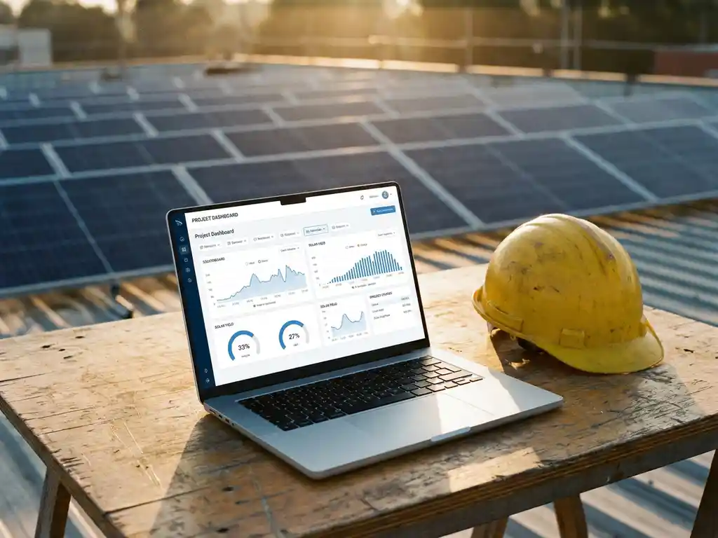 Laptop showing solar project dashboard on construction site table, hard hat beside it, rooftop solar panels in sunlit background.
