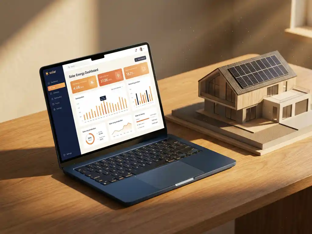 Laptop showing solar project dashboard on sunlit desk beside architectural house model with rooftop solar panels, warm afternoon light.