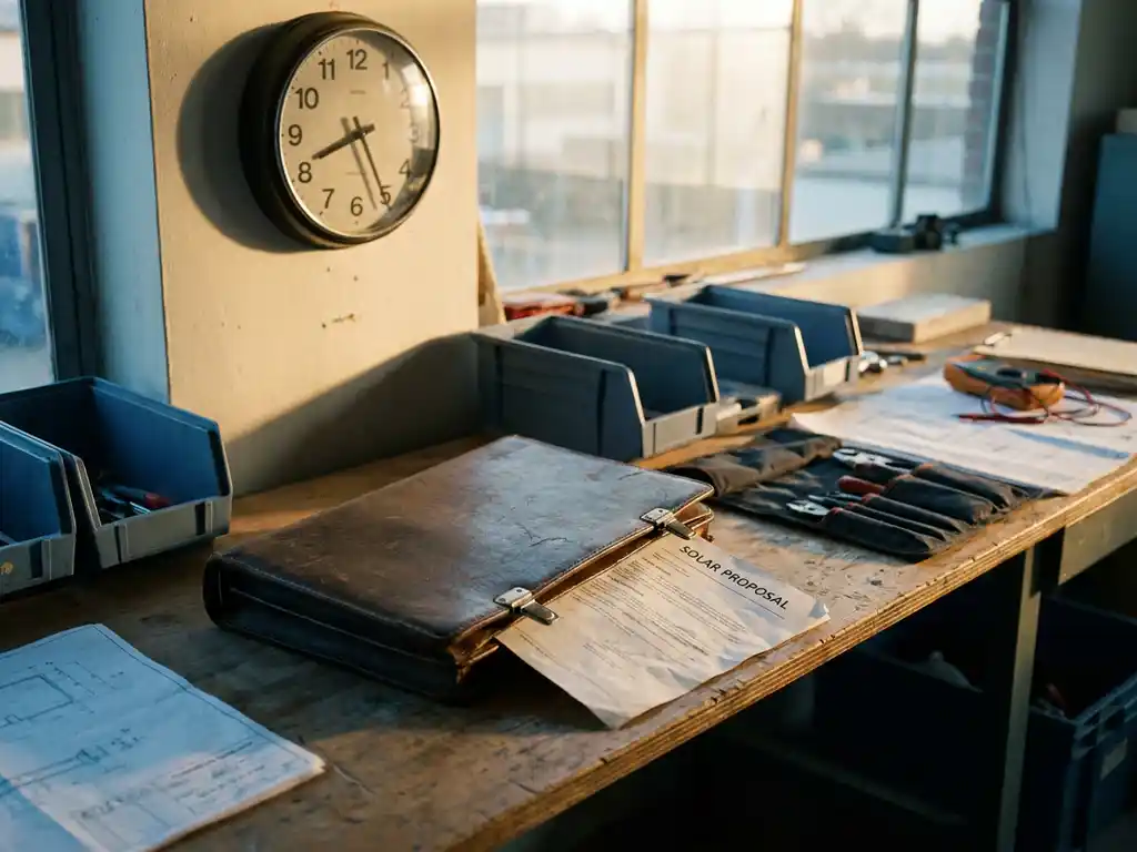 Unopened leather quote folder with a solar panel proposal sliding out on a sunlit technician's desk, clock shadow suggesting urgency.