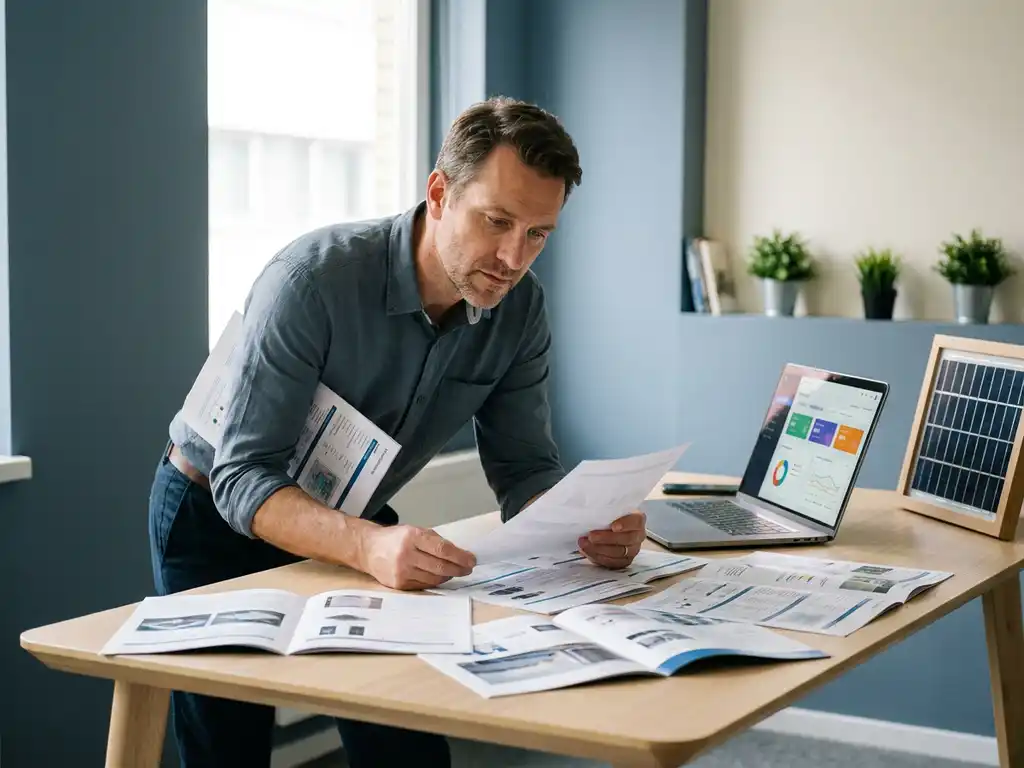 Professional reviewing solar software brochures and spec sheets at a modern desk with a laptop dashboard and small solar panel model nearby.