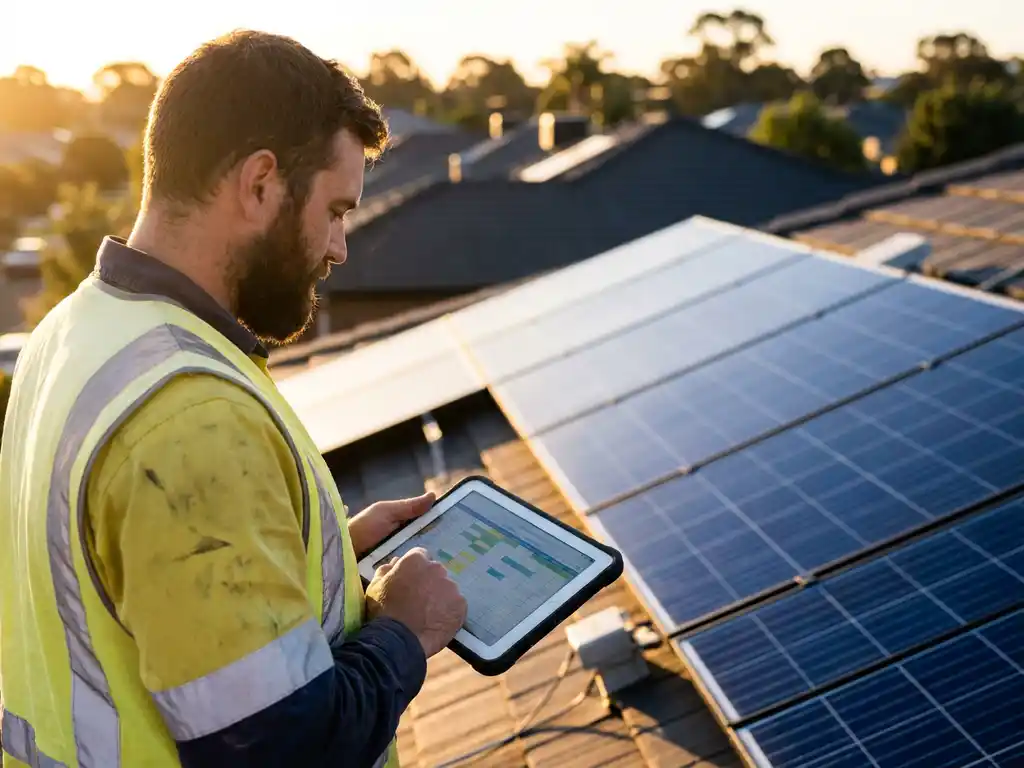 Field technician in high-vis vest reviewing daily schedule on tablet beside rooftop solar panels in warm morning light.