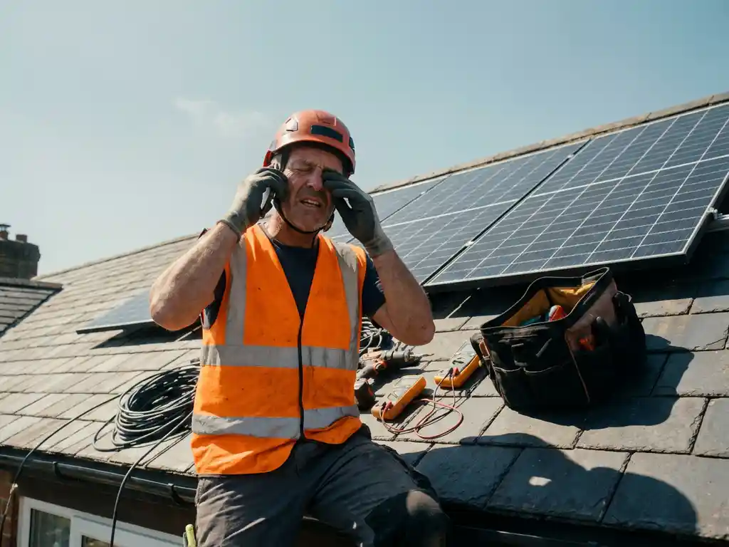Solar technician in high-visibility vest on rooftop beside mounted solar panels, making a frustrated phone call surrounded by installation tools and loose cables.