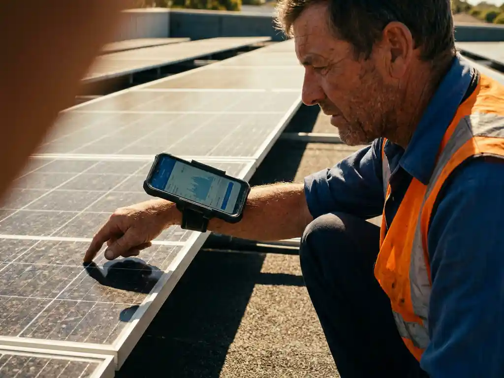 Field technician in high-visibility vest crouching beside rooftop solar panels, tapping a forearm-mounted smartphone during a midday inspection.