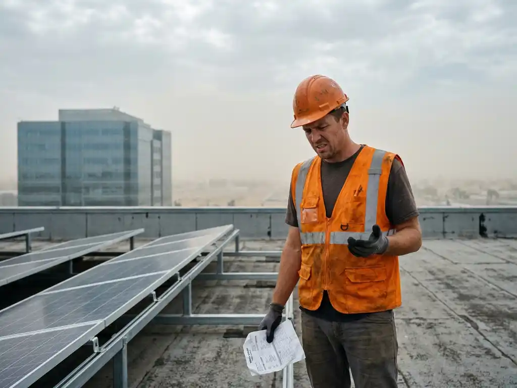 Frustrated solar technician in high-visibility vest holding a paper work order beside rooftop solar panels, office building visible in hazy distance below.