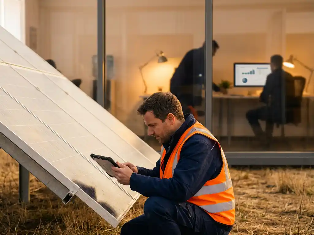 Field technician in high-visibility vest reviewing tablet beside solar panel installation, with softly lit office workspace in background.