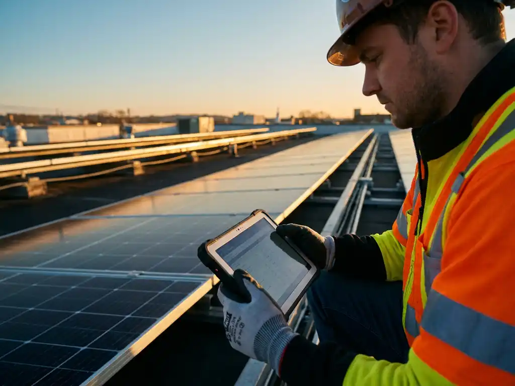 Field service technician in high-visibility vest reviewing tablet on rooftop solar panel installation during golden afternoon light.