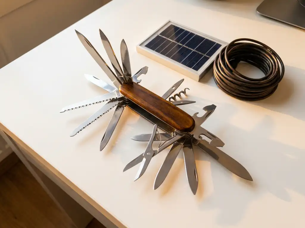 Swiss Army knife with all tools extended in radial fan beside a solar panel and coiled cable on a white desk.