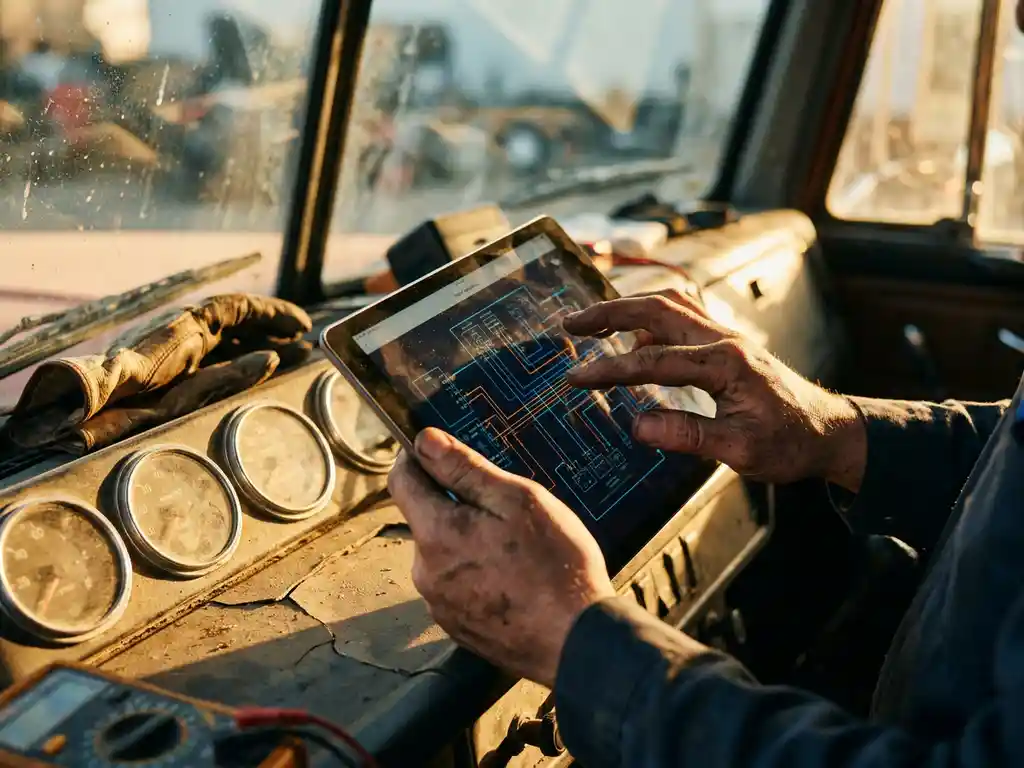 Weathered hands operating digital tablet with installation schematics on truck dashboard beside analog gauges in golden sunlight