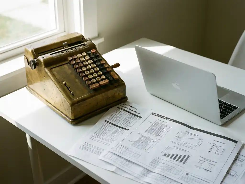 Vintage brass adding machine beside a modern laptop on a white desk, surrounded by solar panel installation documents.