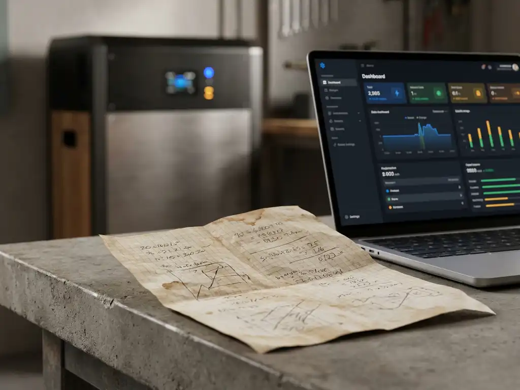 Handwritten battery calculations on worn paper beside a laptop showing a dashboard, with a home battery storage unit in the background.