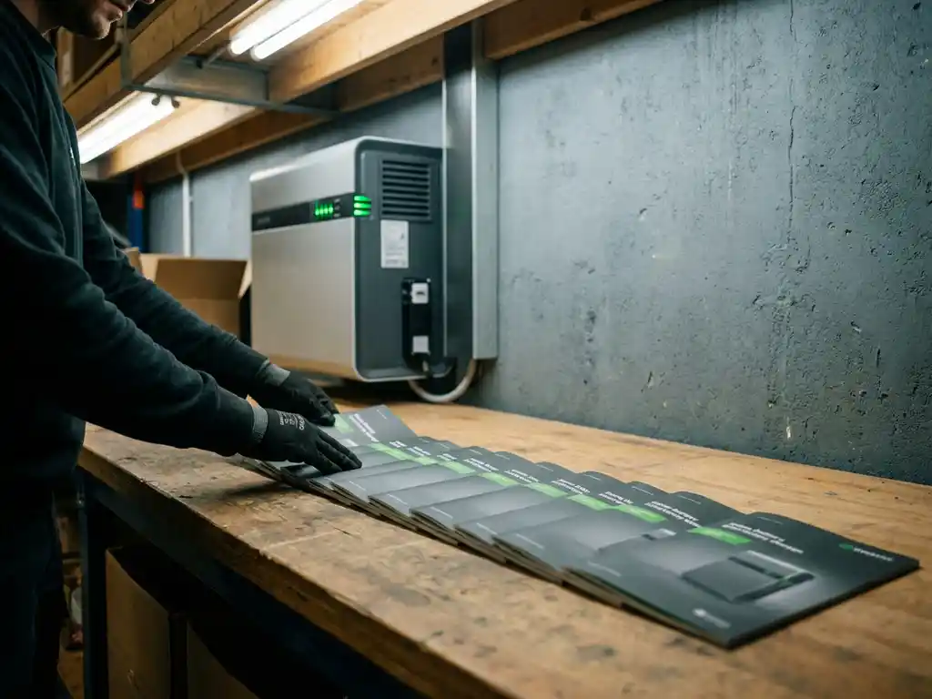Technician arranging battery unit brochures on a warehouse workbench with a home battery storage system mounted on the wall behind.