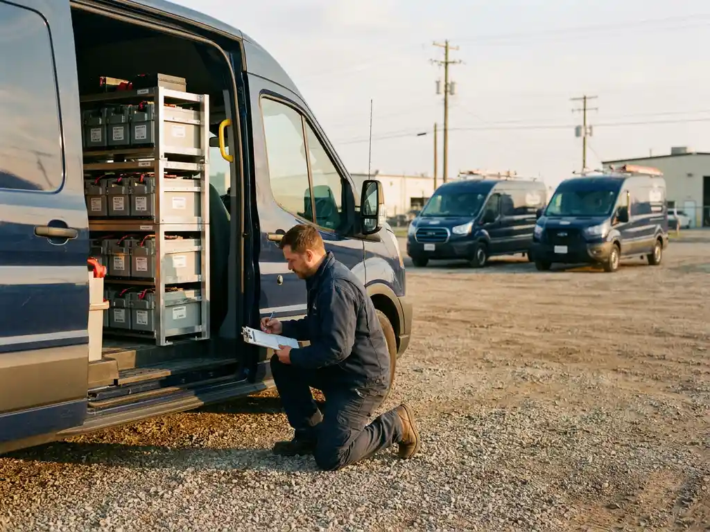 Field technician kneeling beside a van stocked with organized battery units, clipboard in hand, on a commercial job site at sunrise.