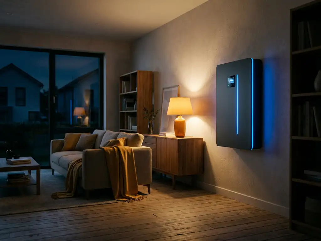Wall-mounted home battery unit glowing blue in a modern living room during a blackout, warm amber light contrasting dark neighboring houses outside.