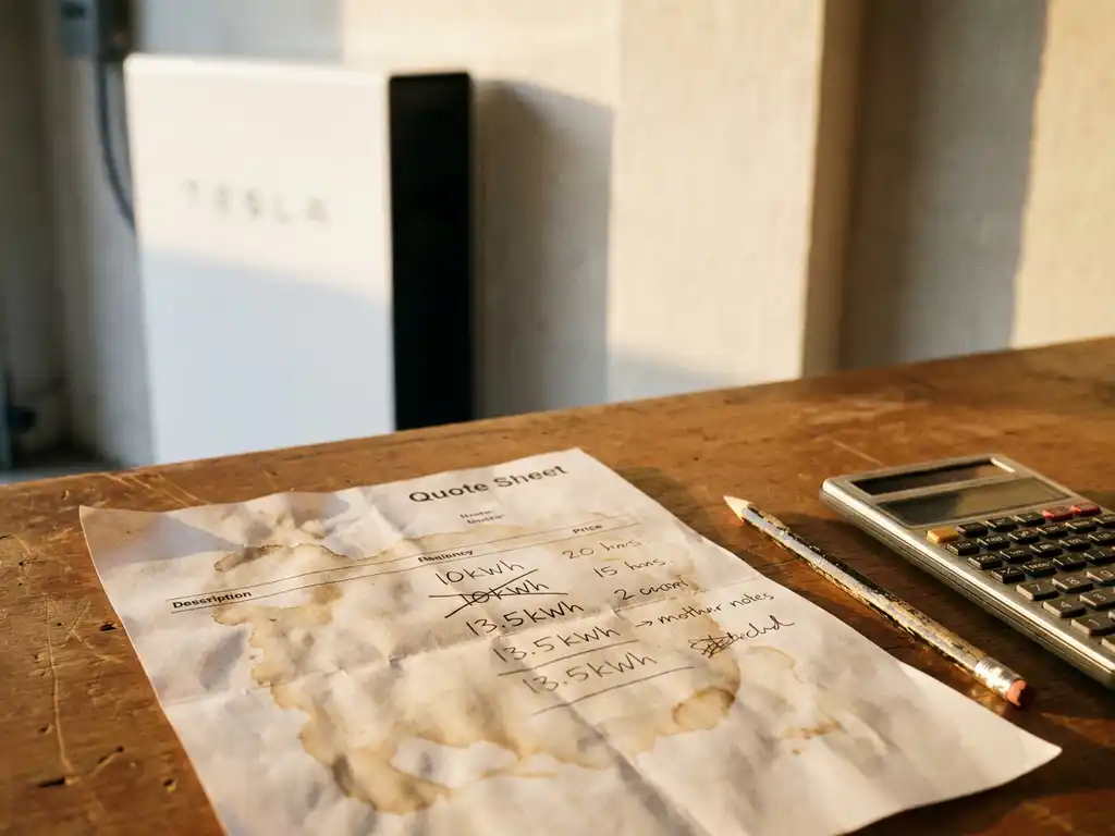 Crumpled quote sheet with crossed-out battery capacity numbers on an installer's desk, pencil and calculator nearby, home battery unit mounted on wall behind.