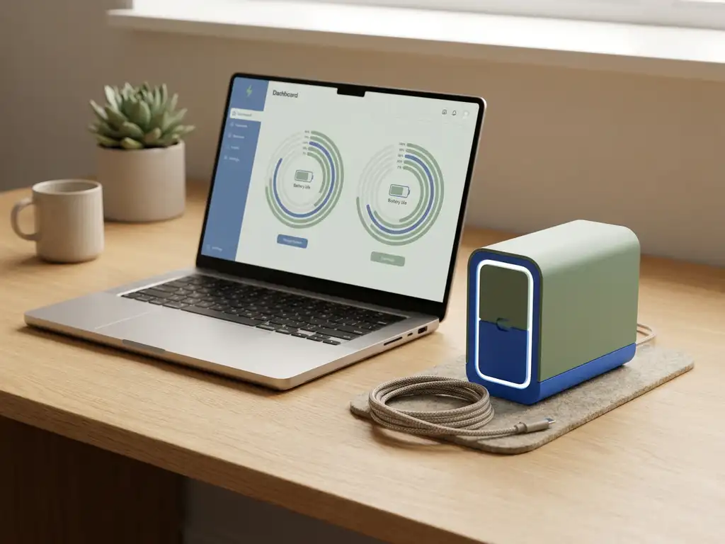 Laptop showing battery capacity dashboard beside a home battery unit model on a modern desk, sage green and blue tones.