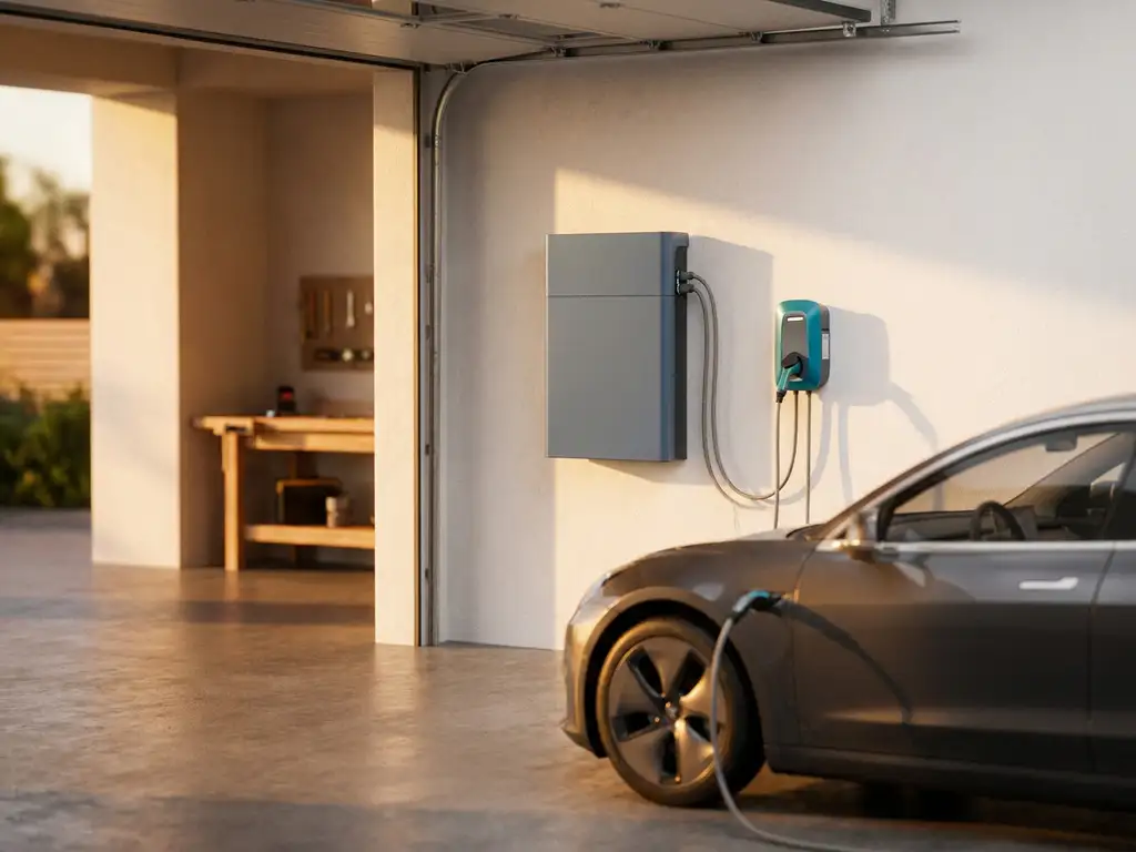 Home battery unit on garage wall connected to an EV charger, electric car plugged in, warm afternoon sunlight streaming through the entrance.