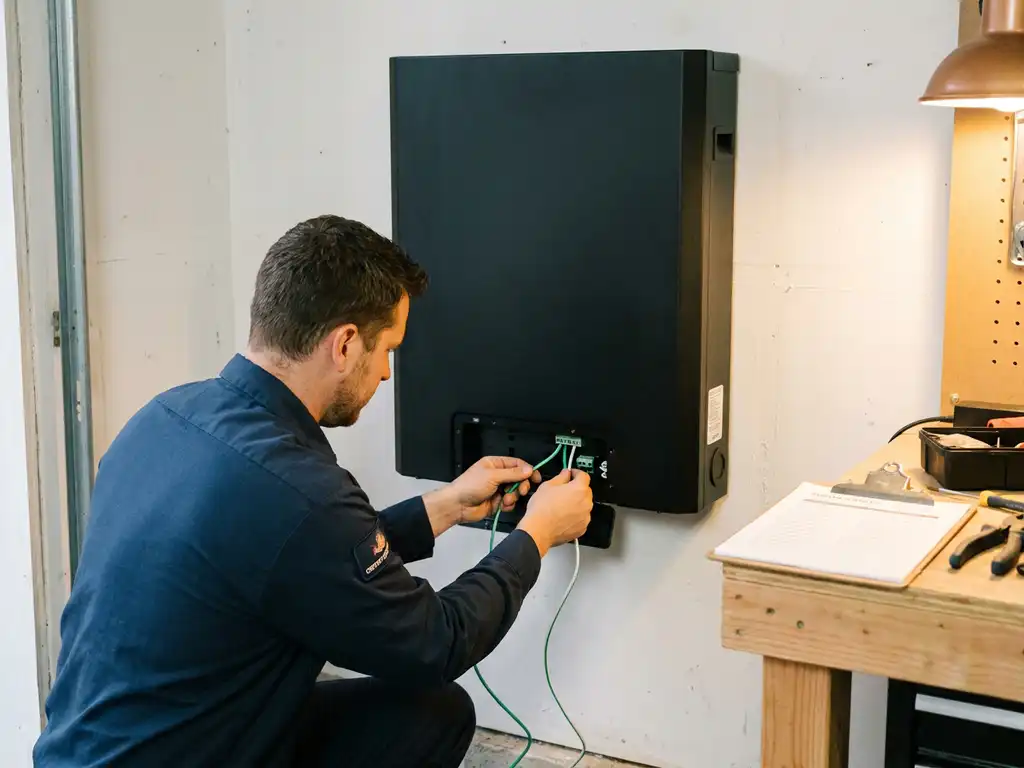 Electrician connecting wiring on a matte black home battery unit mounted on a garage wall, with an installation checklist on a nearby workbench.