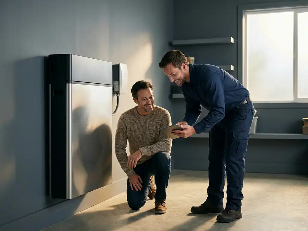 Homeowner kneeling beside a wall-mounted home battery storage unit in a modern garage while an installer reviews a tablet nearby.