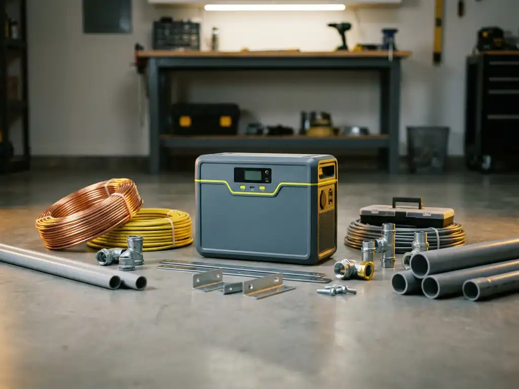Home battery installation kit with copper cable rolls, conduit fittings, mounting brackets, and a lithium battery unit on a garage floor.
