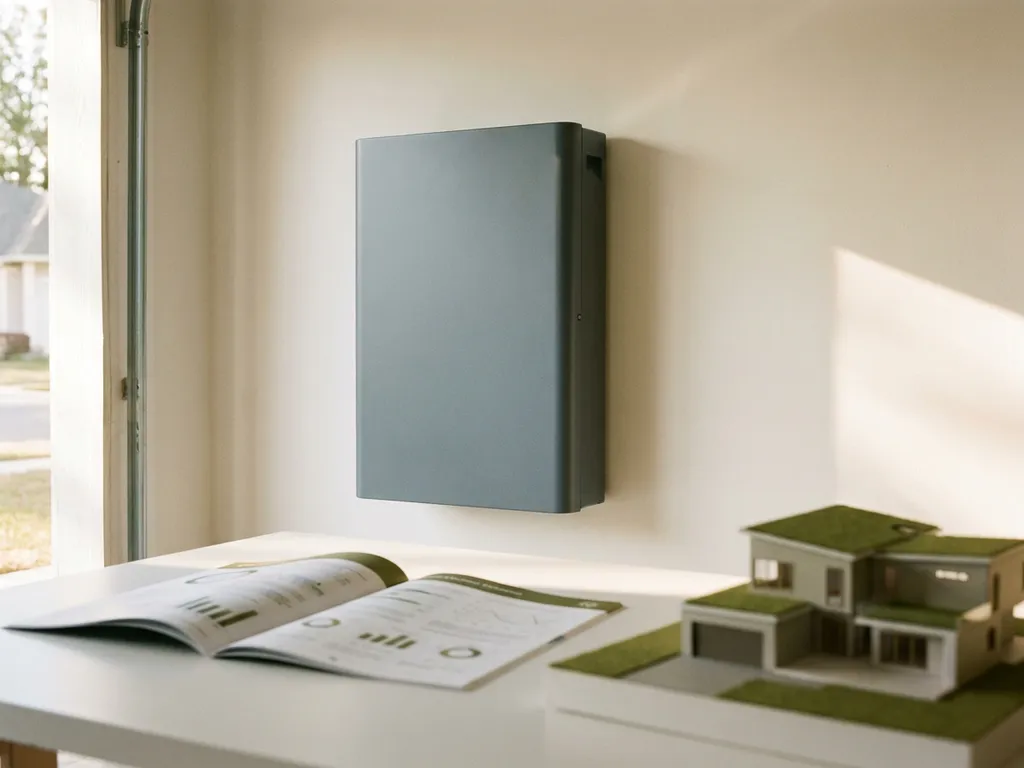 Home battery unit mounted on a garage wall with an open solar proposal document and small house model on a white desk in the foreground.