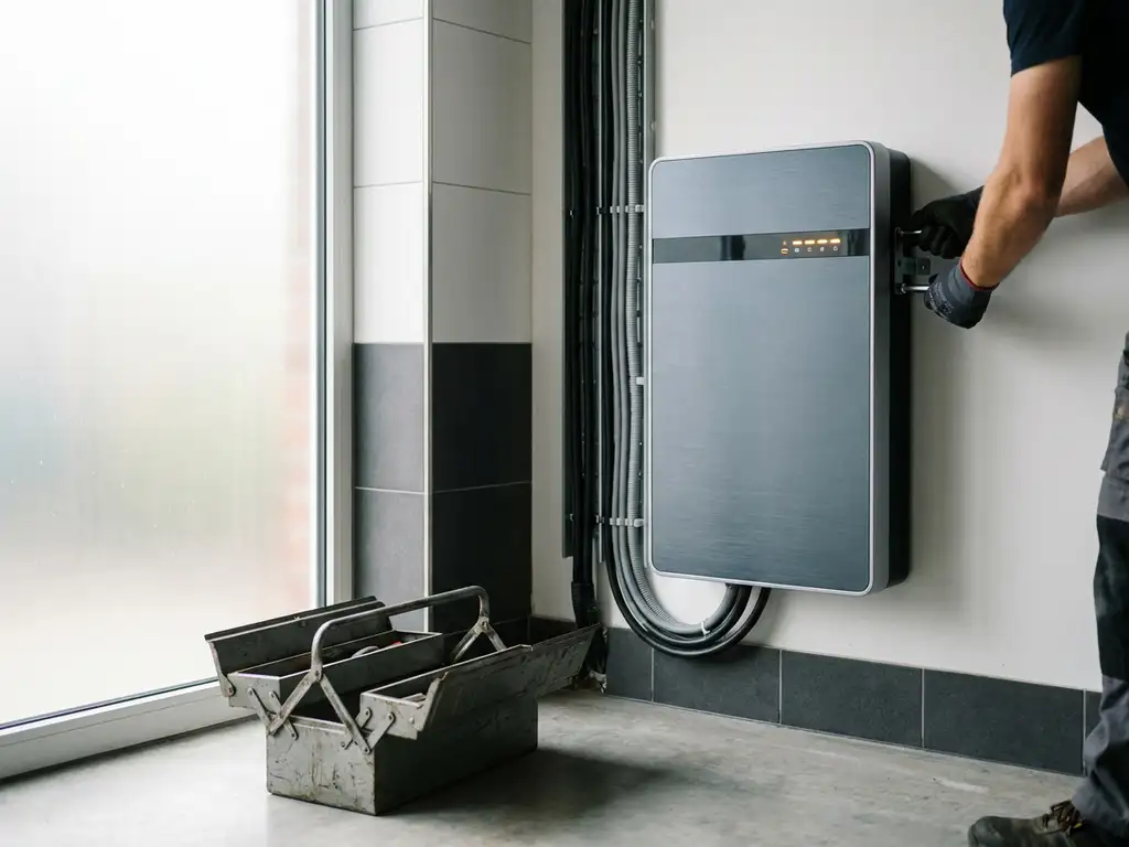 Installer securing a wall-mounted home battery system in a modern garage, with neatly routed cables and a toolbox on the concrete floor.