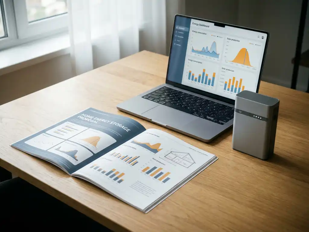 Home battery proposal document on a white desk beside a laptop displaying energy data and a compact battery unit model.