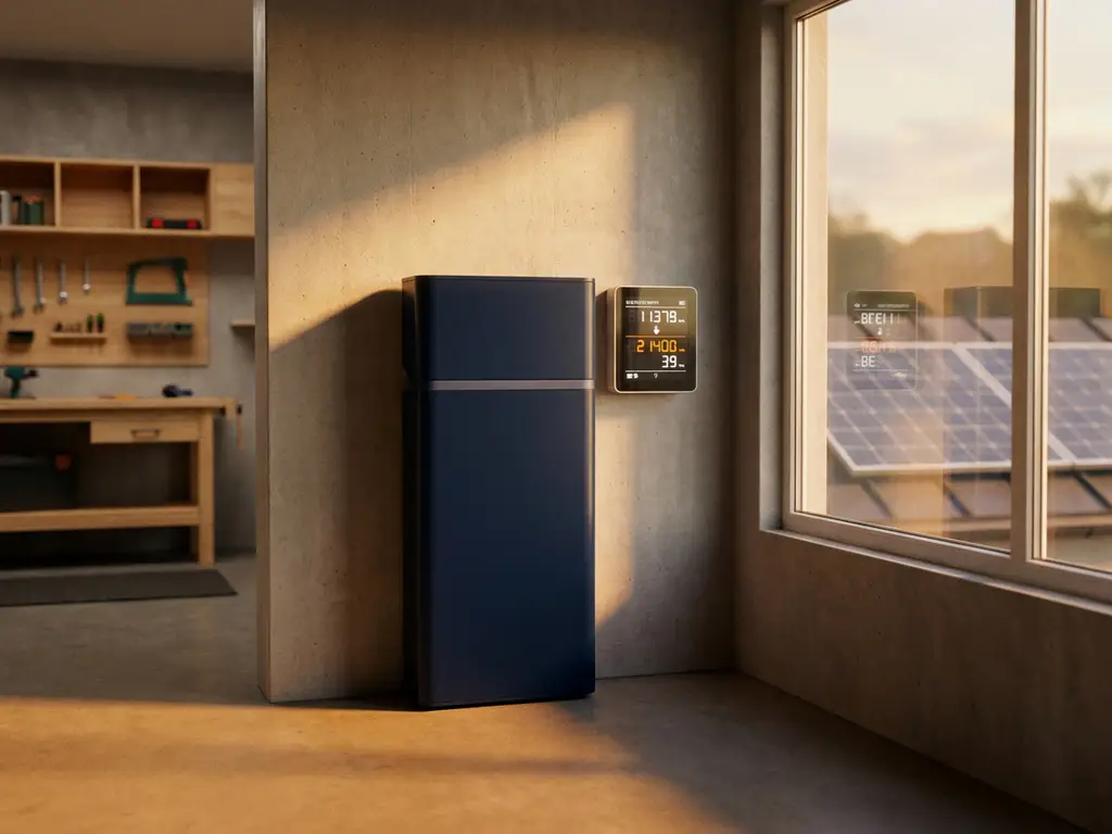 Home battery storage unit mounted on garage wall beside a digital electricity meter, with warm evening light and solar panels visible outside.