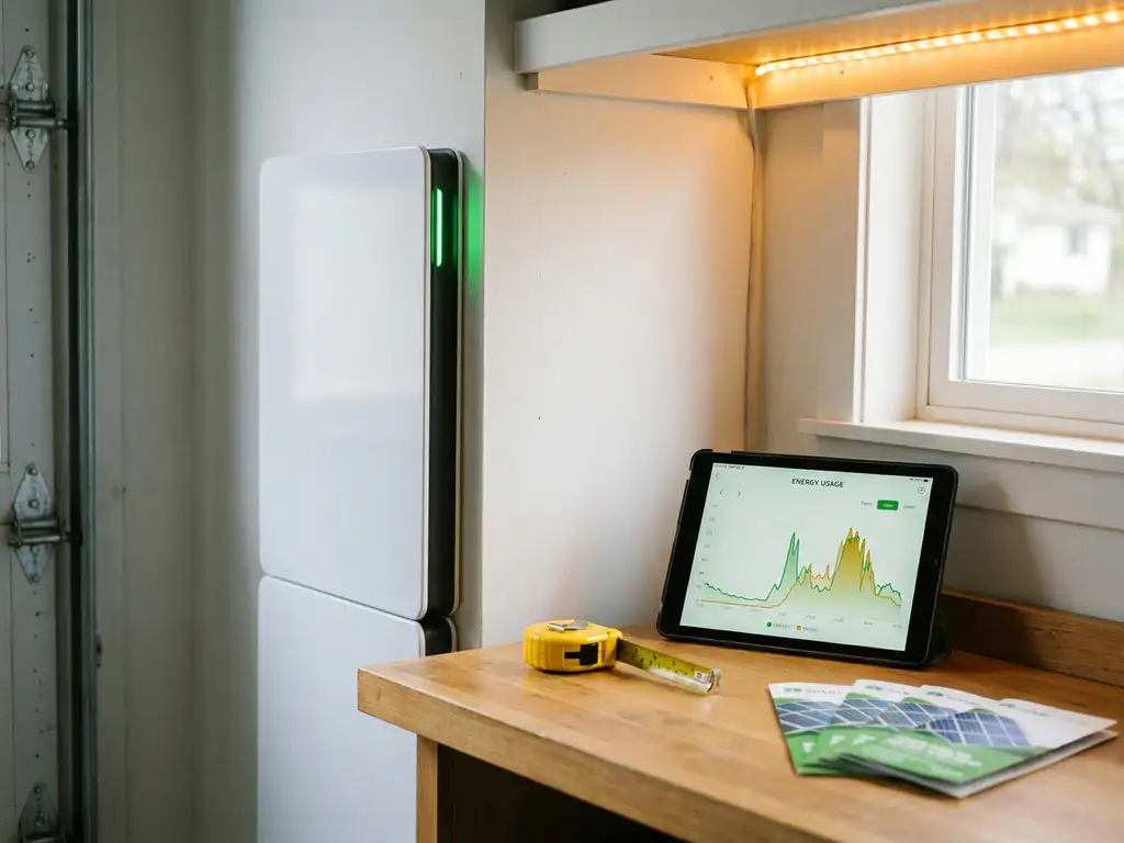 Home battery unit mounted on white garage wall beside a tablet showing energy charts, solar brochures, and measuring tape.
