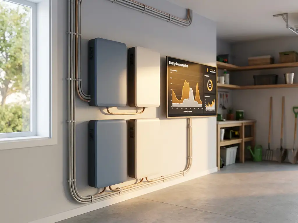 Home battery storage units on a sunlit garage wall beside a digital energy monitor displaying peak usage curves, with solar panel cables neatly routed.