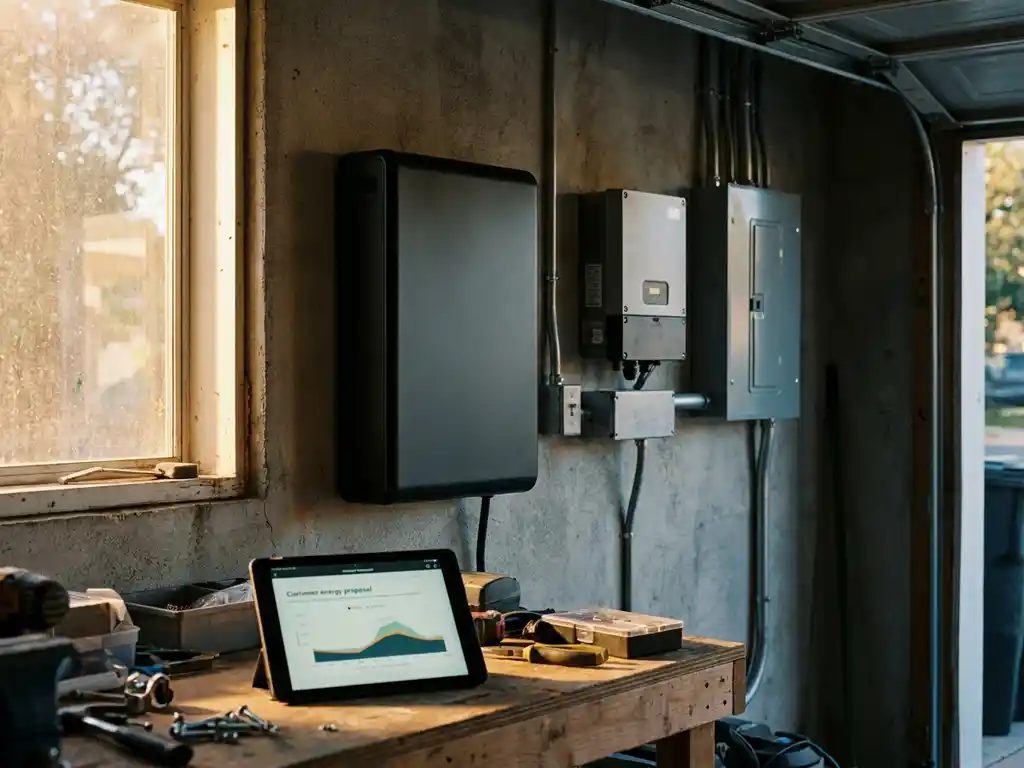 Black home battery unit mounted on garage wall next to solar panel equipment, with a customer proposal on a tablet nearby.