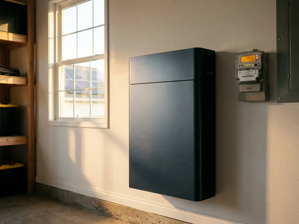 Home battery storage unit mounted on garage wall beside an active electricity meter, with solar panels visible through a sunlit window.