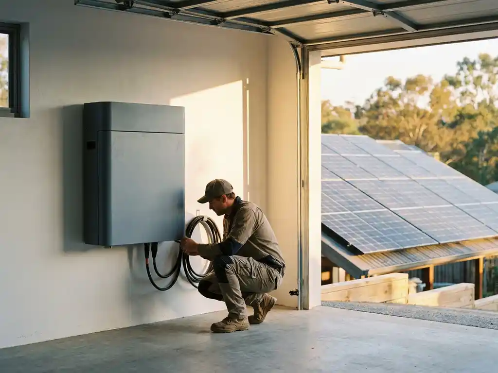 Técnico inspeccionando las conexiones de los cables en una unidad de batería doméstica de color gris pizarra instalada en un garaje iluminado por el sol junto a una matriz solar de 10 paneles en el tejado.