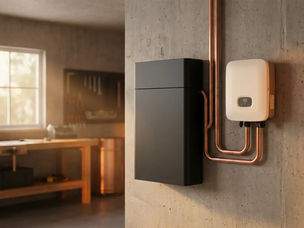 Home battery storage unit and solar inverter mounted on a garage wall, connected by copper wiring in warm ambient light.