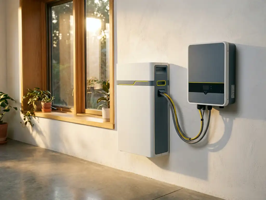 Home battery storage unit and solar inverter mounted on a white wall, connected by thick cables in warm afternoon sunlight.