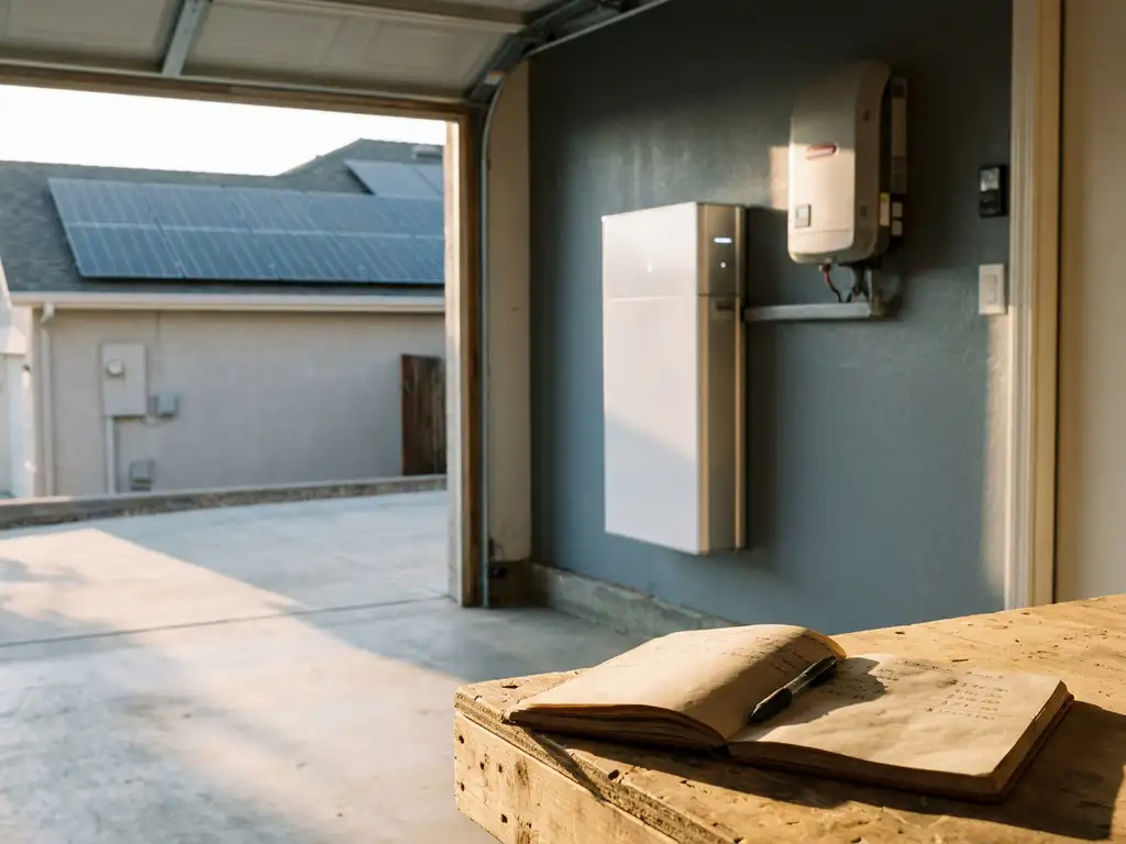 Home battery storage unit on garage wall next to solar panels, with a notebook and pen on a sunlit wooden surface for financial planning.