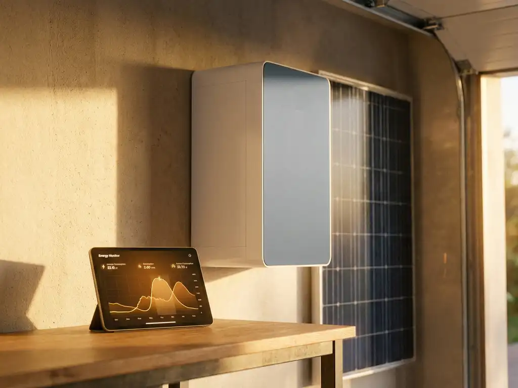 Home battery unit on a sunlit garage wall beside solar panels, with an energy monitor displaying consumption curves nearby.