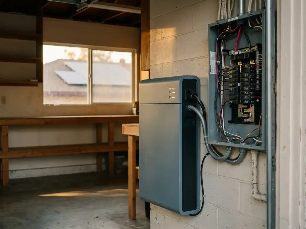 Home battery storage unit mounted on garage wall next to electrical panel, with rooftop solar panels visible in warm afternoon light.