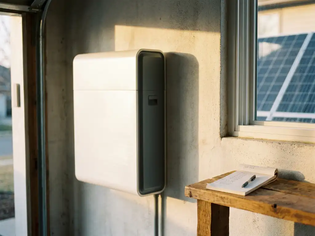 Home battery storage unit mounted on a sunlit garage wall beside solar panels, with a notepad and pen on a nearby shelf.