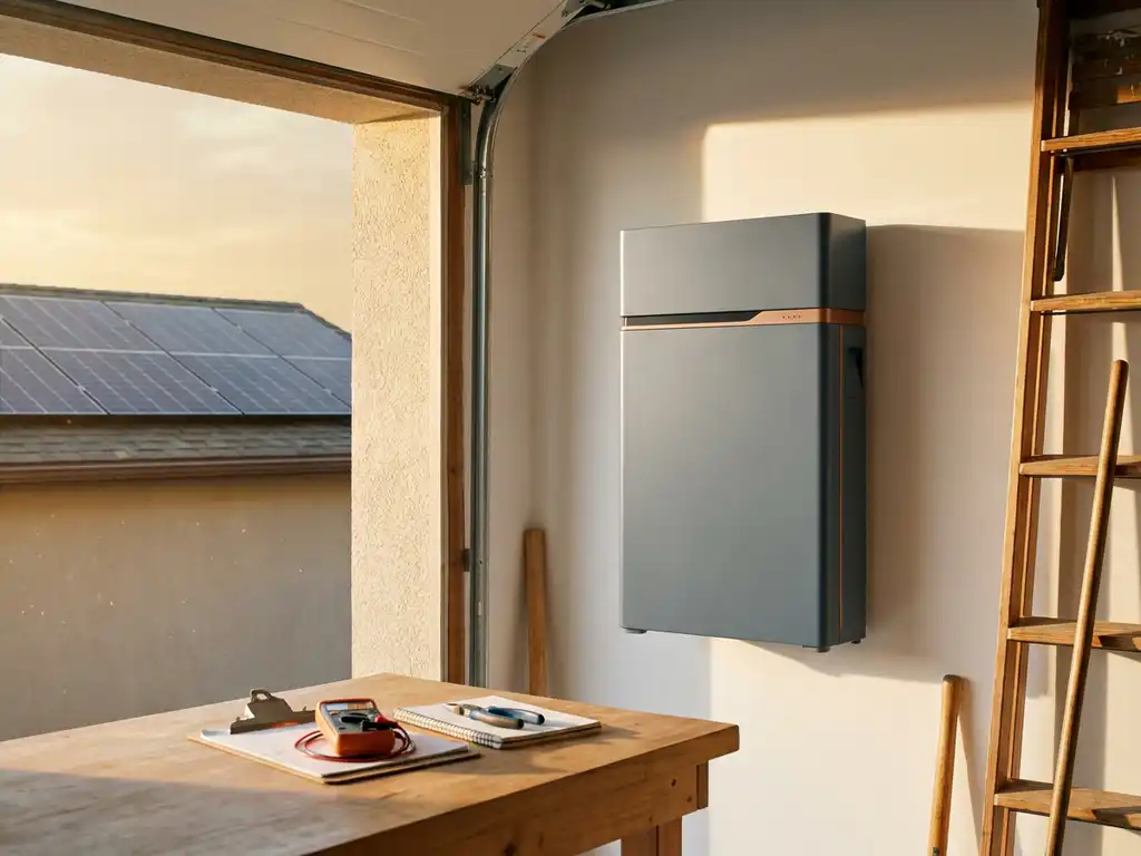 Lithium home battery unit mounted on a sunlit garage wall next to a solar panel array, with a technician's clipboard and tools on a nearby workbench.
