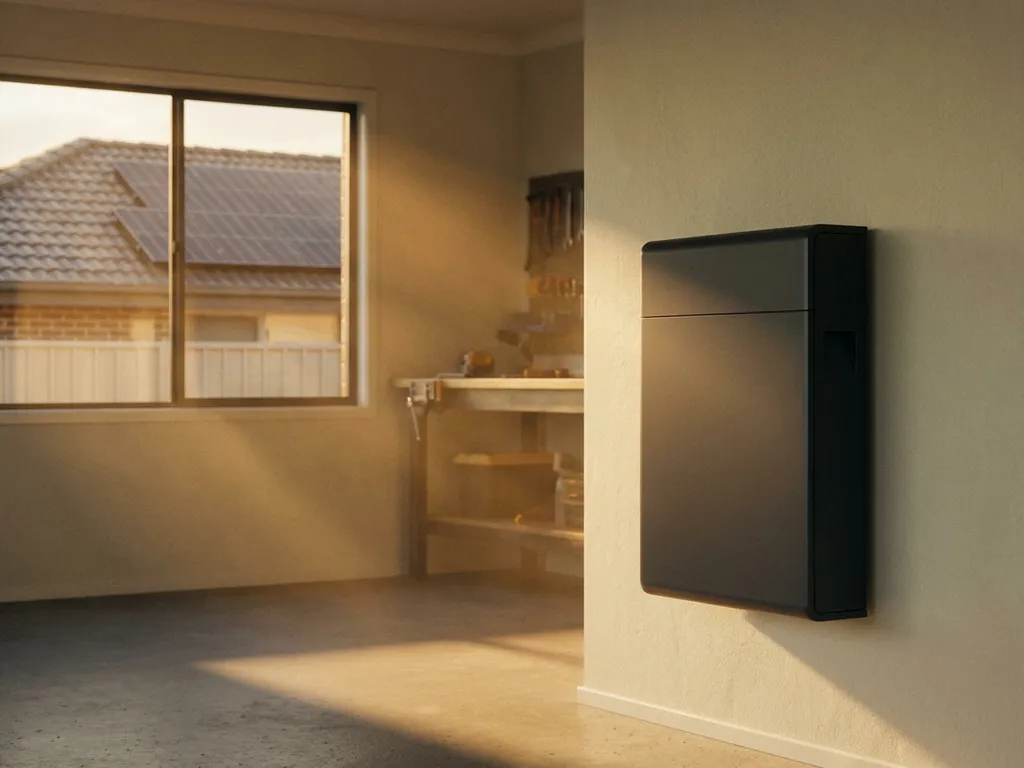 Home battery unit mounted on a cream garage wall, with solar panel-covered rooftop visible through a sunlit window.