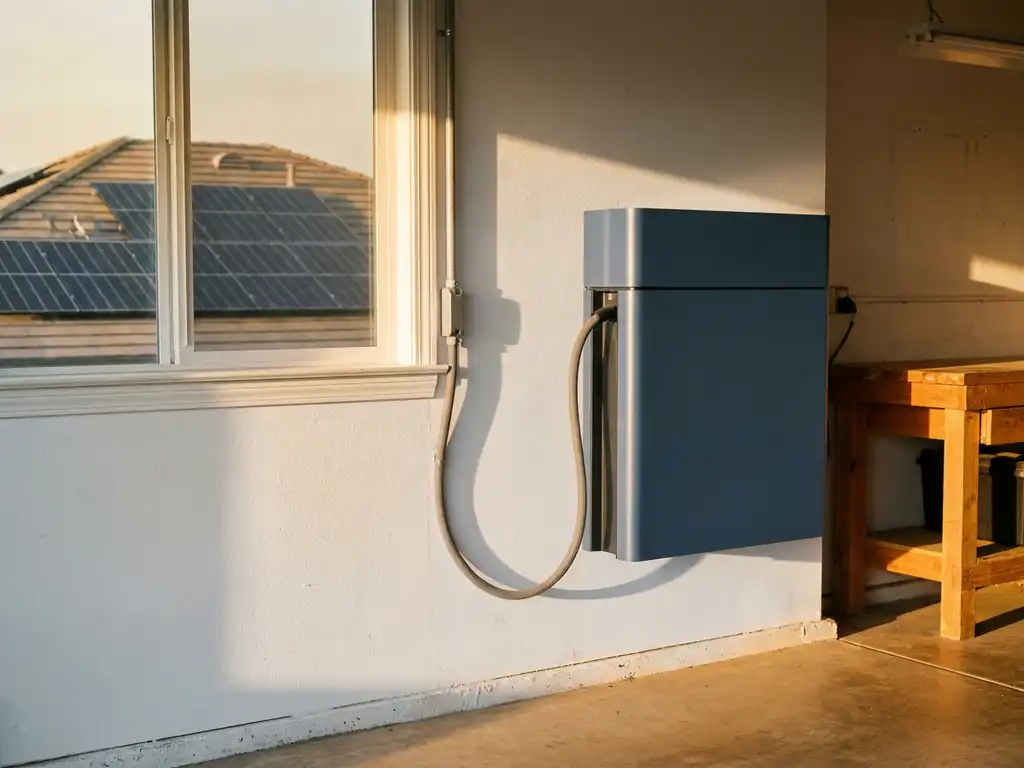 Home battery storage unit mounted on a sunlit garage wall, with solar panels visible on the rooftop through a nearby window.