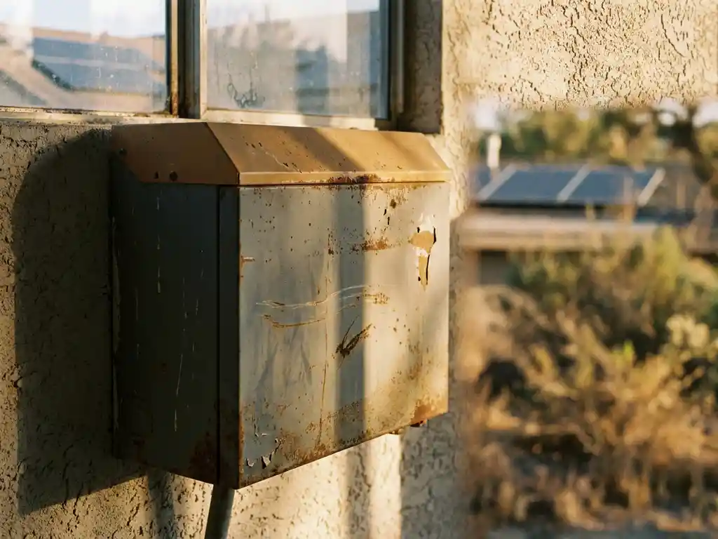 Weathered home battery unit on a sunlit garage wall with faded casing, solar panels softly visible through a background window.