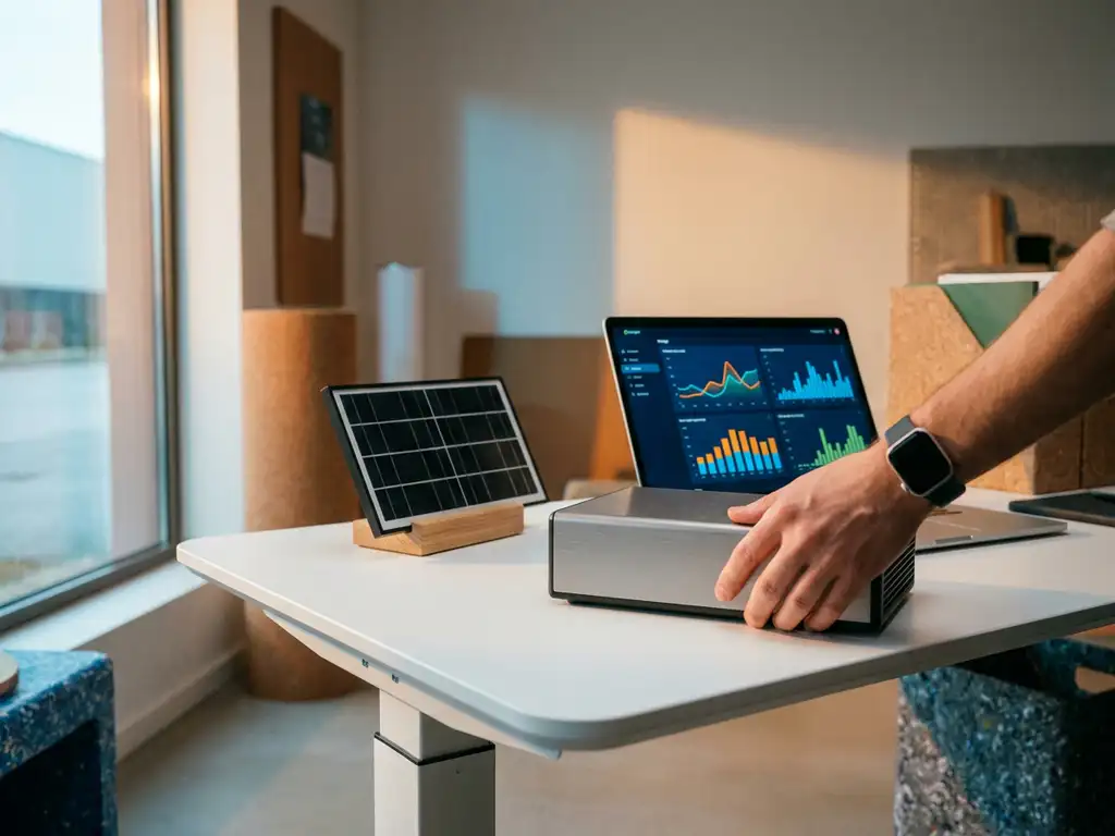 Sales rep placing a home battery unit on a desk beside a laptop showing performance charts and a small solar panel model.