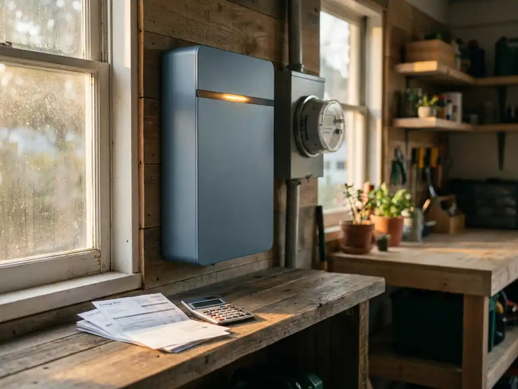 Home battery storage unit mounted on garage wall next to smart electricity meter, with energy bills and calculator on nearby shelf.